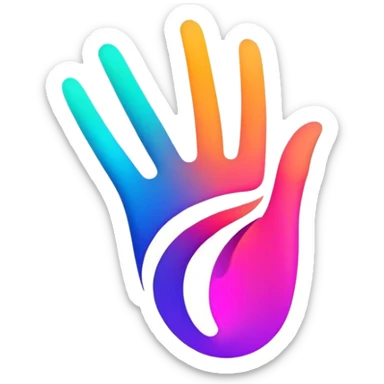 A futuristic abstract logo with curved dynamic lines resembling a subtle hand motion, glowing neon gradients, minimal and modern sticker