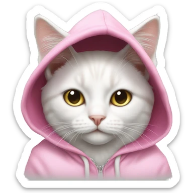 White cat with a pink hoodie ￼ sticker