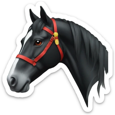 a black horse with a white stripe on its nose and red strands in the hryvnia sticker