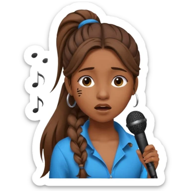Brown skin girl with a long ponytail singing into a microphone looking sad with music notes coming out sticker