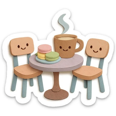 kawaii coffee shop table and chairs set with macarons and coffee, soft pastel hand-drawn illustration sticker