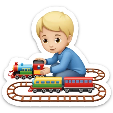 child playing with both toy cars and trains sticker