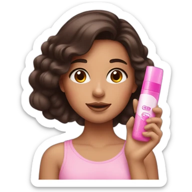 a girl with dark brown hair takes care of her face with pink products sticker