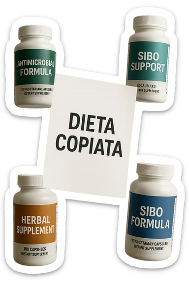 FOGLIO DI CARTA FLUTTUA IN ARIA CON LA SCRITTA "DIETA COPIATA", INSIEME A BARATTOLI DI INTEGRATORI PER CURARE IL SIBO IN ITALIANO, IPERREALISTICO 4K, NON DISEGNATO sticker