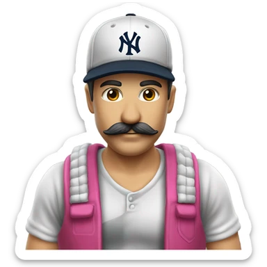 Homme blanc / viril / cheveux courts noir / moustache / casquette noir yankees noir / avec une bière / t-shirt rose sticker