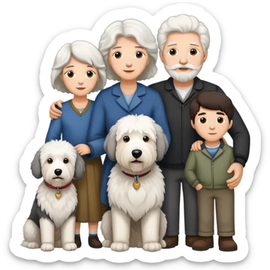 A family with mom, dad, three sons, and an Old English Sheepdog sticker