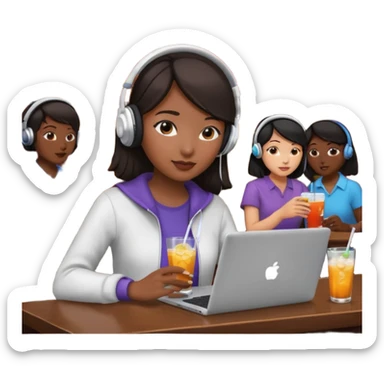 An Asian girl at a dark crowded bar with a laptop and headphones on holding a drink  sticker