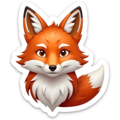 Cinematic Noble Fox Portrait Emoji, Poised and regal, with a lithe, agile build and a lush, fiery red Fur accented by white markings on the chest and tip of the tail, deep-set soulful amber eyes, Simplified yet sharp and sophisticated features, highly detailed, glowing with a warm, dignified glow, high shine, intelligent and cunning, stylized with an air of wild elegance, focused and attentive, soft glowing outline, capturing the essence of a watchful and confident forest wanderer, so majestic it feels as though it could dash out of the screen with effortless authority! sticker