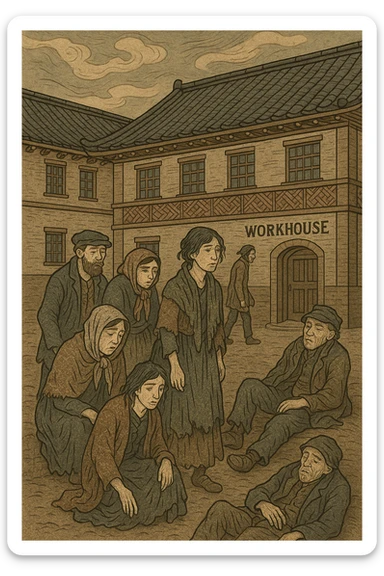 a Victorian workhouse for the poor and ill, detailed architecture, somber mood, people in ragged clothing, muted colors, historical setting, ukiyo-e style sticker