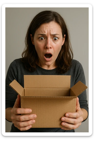 realistic shocked person opening a package, focus on facial expression and package, neutral background, detailed facial features, surprise expression sticker