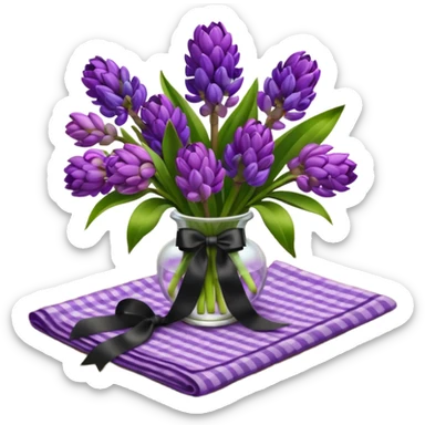 A lush bouquet of bright prple color Hyacinths black satin ribbon, resting on an antique wooden table, with a pale yellow and pink plaid pattern table cloth sticker