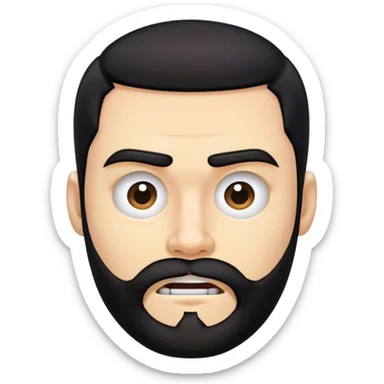 Distorted cartoon face after punch, stretched cheeks, trimmed beard, medium-length black hair, short sides, hair forward, transparent background. sticker