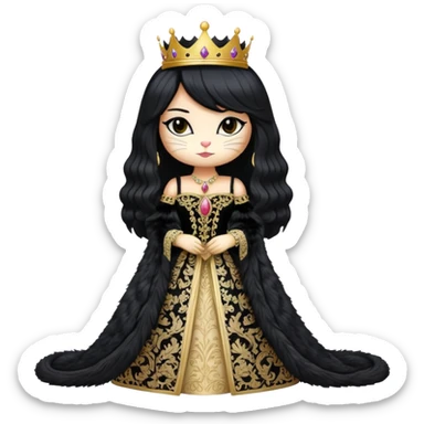 cat dressed like a beautiful queen with a long pretty black wig sticker