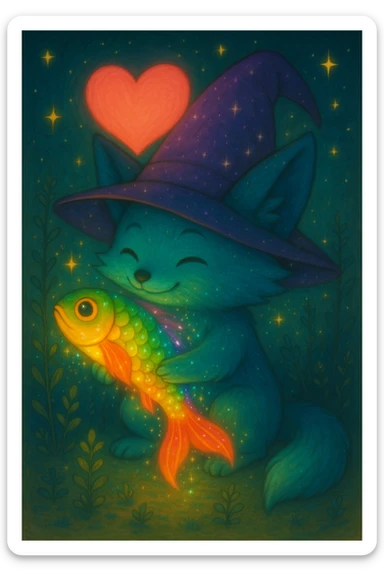 Make the rainbow fish glow with a magical aura and change the blue fox to a neon teal color, keep the purple sparkly witch hat, magical background, and big pink heart in ghibli style. sticker