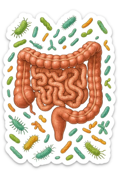 intestino umano anatomico con batteri intestinali che gli fluttuano intorno sticker