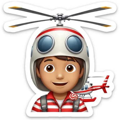 happy kid with helicopter hat eating a candy sticker
