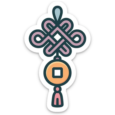 Chinese happiness knot with coin, icon-color-outlined style, detailed shadows and highlights, thin clean contours, soft rounded shapes, pastel palette #98B5BC, #B5B3C1, #C9A3C9, #E4C0CA, #F7DCD1, #F7C0AA, modern Japanese pop art and sticker aesthetics, high detail, vector sharpness, soft lighting, transparent background sticker