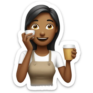 tired but happy lady grabbing coffee sticker