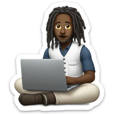 Black-guy-with-dreads-wearing-white-vest-sitting-down-on-floor-facing-foward-focused-on-laptop-computer sticker