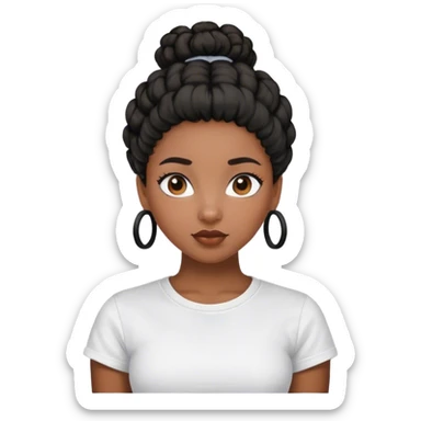 A black girl with a black curly bun and a white t-shirt sticker
