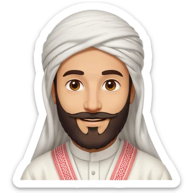 Saudi man emoji style, prominent beard, sharp facial features, white thobe, red shemagh, smiling warmly sticker