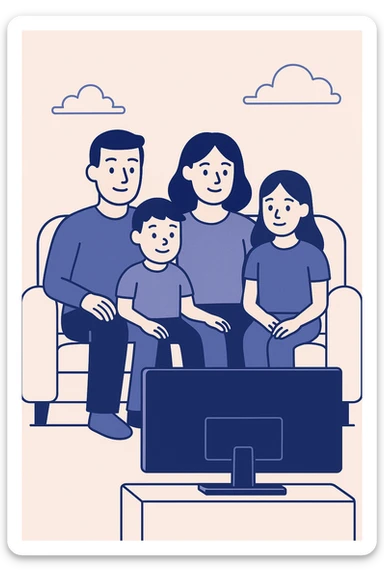 family sitting on sofa watching TV together, simple flat design, minimal colors sticker