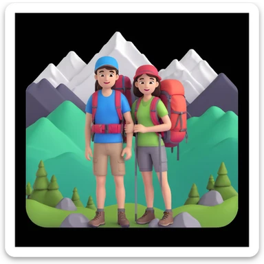 back packer couple posing, mountains in background,   close up pose sticker