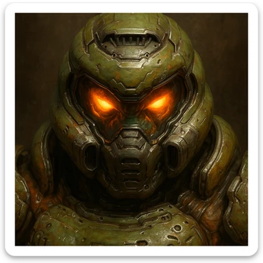 The Doomslayer, close-up of helmet and glowing eyes, green armor, gritty and powerful, inspired by Doom Eternal sticker