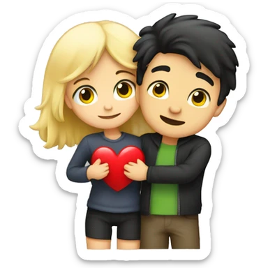 Dark hair Boy hugging a blonde girl qith heart behind sticker