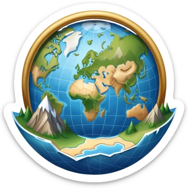 An icon featuring a globe, a compass, and a map, symbolizing geography. The design includes mountain ranges, rivers, and continents, representing the study of Earth’s landscapes and environments. Transparent background highlights the exploration and understanding of the world’s geography. sticker