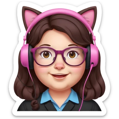 chubby English teacher face, pink cat glasses, long wavy dark brown hair, smiling, subtle gamer headset sticker