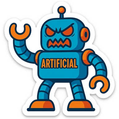 Replace the text 'AI' with the word 'artificial'. Make the robot cartoon-like with a destructive, menacing face. Keep the vibrant toon style. Remove the background. sticker