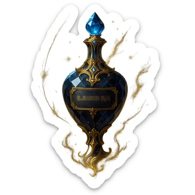 luxurious dark crystal elixir bottle with censored inscriptions, lots of glowing effects, ornate golden details, magical effects, very small neck, beautiful merging base, clearly floating in air, transparent background, no ground or shadow sticker