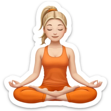 white woman with ponytail hairstyle, sitting in lotus position, eyes closed with a subtle happy smile, wearing orange yoga outfit sticker