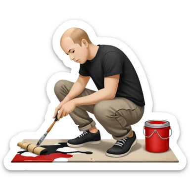 Jackson pollock the abstract artist leaning over to flick black white and red paint from a brush onto a canvas at his feet on the ground sticker
