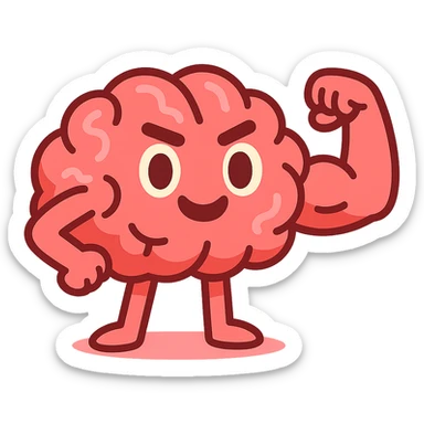 cute cartoon-style brain flexing a bicep, expressive, symbolizing mind power, endurance, resilience sticker