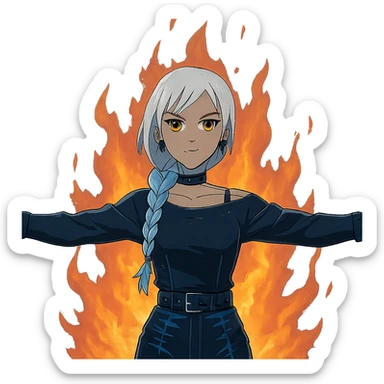  young woman with gold yellow eyes, white hair, long braid, black off-shoulder top, punk gothic style, futuristic cyberwave cyberpunk,, she is calmly t-posing in front of a raging fire sticker