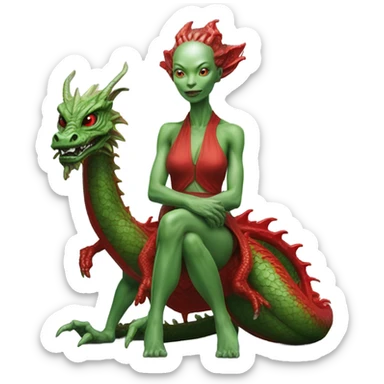 Photo realistic, alien female green,  on red china dragon sticker