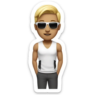 strong asian personal trainer short golden hair with sunglasses white vest sticker