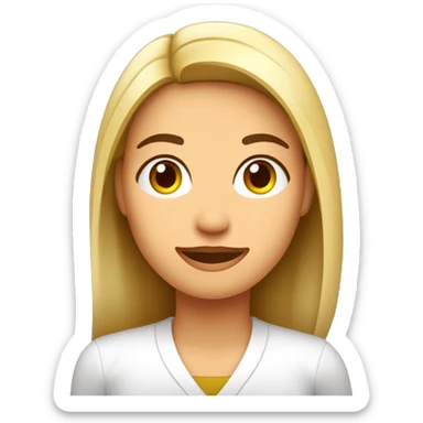 Mujer blanca, farmaceutica, sin lentes, pelo lacio brunete, gabacha con logo de girasol sticker