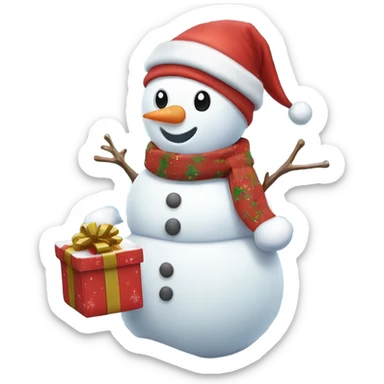 christmas cute snowman carrying a present with snow flakes behind the snowman sticker