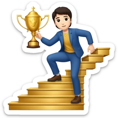 A man with fair skin and dark hair is climbing stairs to grab a trophy on the top step. sticker