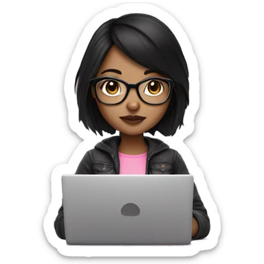 fair skin girl with black hair and eyeglasses using pink laptop cute sticker