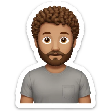 Curly-haired nightingale, with brown hair, a thick beard and a suvata to match the color of the hair on his head, large build, but not fat in a gray T-shirt, chest shot, IOS memoji style sticker