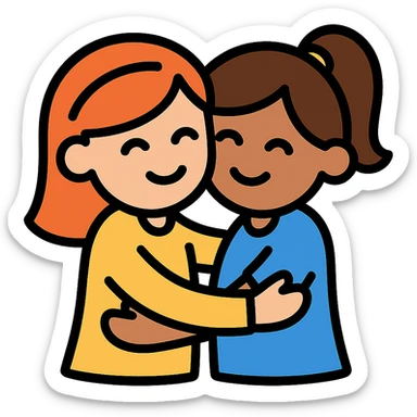 Two girls hugging tightly, outlined icon with color fill sticker