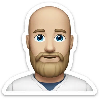 Man with dark blonde hair. A short polytail and bald spots on right and left side of his head. Blue eyes and dark blonde beard  sticker