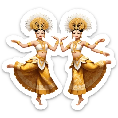 ​Cinematic Realistic Traditional Javanese Dancers, depicted as two graceful dancers in ornate traditional costumes with intricate batik patterns and elaborate headpieces, captured in dynamic poses during a ritual dance in an ancient temple courtyard, rendered with soft golden lighting and rich cultural textures, sticker