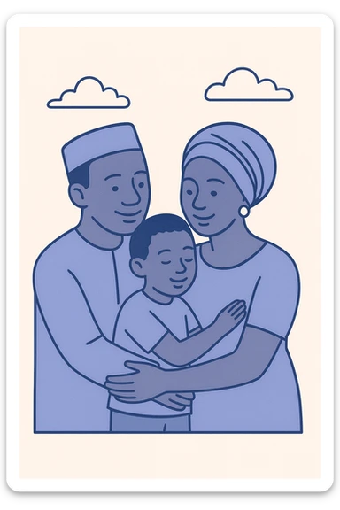 African parents, traditional attire, warm family moment, flat illustration sticker