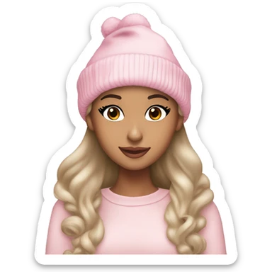Ariana grande in a light pink christmas outfit wearing a light pink christmas hat sticker