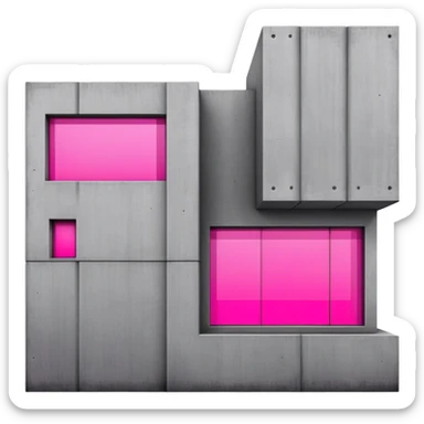 Minimalist concrete building with one window glowing bright pink, brutalist architecture sticker